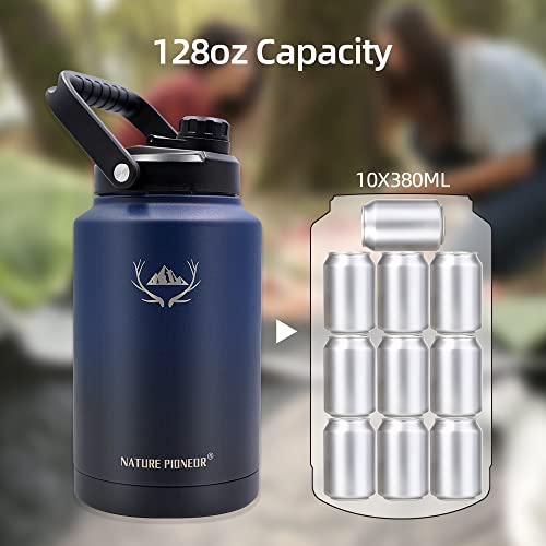 Nature Pioneor 128Oz Vacuum Insulated Water Bottle Set With Carrying Holder, 18/8 Food Grade Stainless Steel One Gallon Jug, Beer Growler With Carrier Pouch For Outdoor Camping Hiking #TOP6