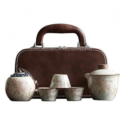 Kefeng 急須 湯のみ または 茶杯 または パステルカラー陶器 釉薬 お茶を淹れる お茶を分ける お茶を分ける 携帯便利 耐圧設計 耐摩耗 衝撃に強い 旅行用茶器セット レトロ風 せいこう 精巧 コンパクト 丸みのある レザー製ハンドル (3カップ&