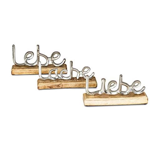 levandeo 3er Set Schriftzug Lache Liebe Lebe L23cm Metall Silber Mango Holz Deko Aufsteller Tischdeko Wohndekoration