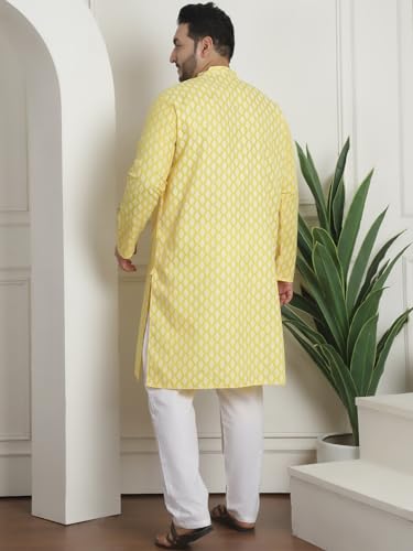 Image of SOJANYA Plus (Since 1958) Men's Cotton Blend Printed Kurta with White Churidar Pyjama