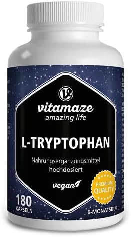 Vitamaze L-Tryptophan hochdosiert, 500 mg pro Kapsel, vegan, pflanzlich fermentiert, 6 Monate Reichweite, natürliche essentielle Aminosäure, laborgeprüft und ohne Zusatzstoffe, Mad