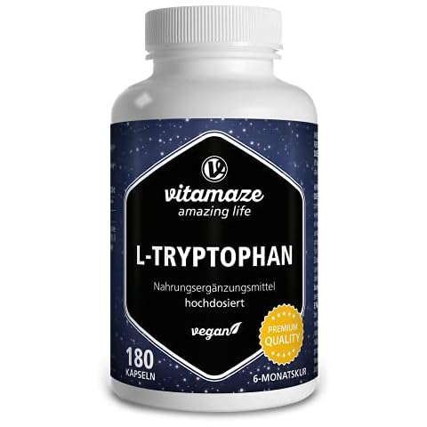 Vitamaze® L-Tryptophan 500 mg per Capsule, 180 Vegan Capsules for 6 Months, Pure Essential Amino Acid, Natural & Fermented, High Strength Supplement Without Additives Cover