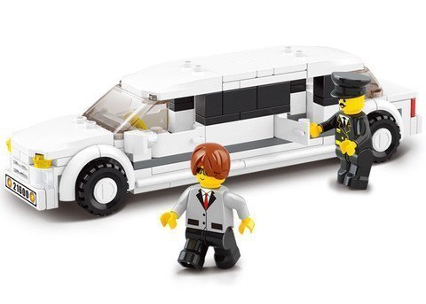 Assembled Sluban M38 B0323 Limousine with two figures standing beside it.