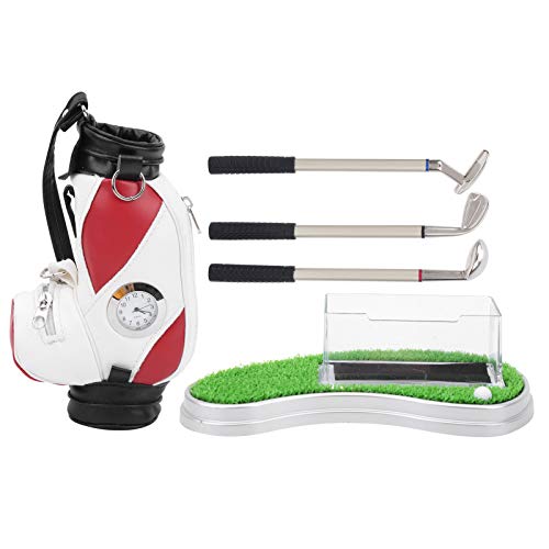 Golf Bag Pen Holder with Clock, Mini Golf Desk Decoration, Zinc Alloy PU Leather Card Case Kit with 3 Golf Pens, for Office Desk