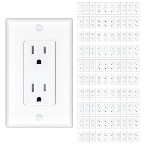 Amico 100 Pack Wall Outlet, 15 Amp Outlets, UL Listed, Tamper Resistant Standard Electrical Outlet, Decorator Receptacle with Wall Plate, Suitable for Home and Business, 125V/1875W, White