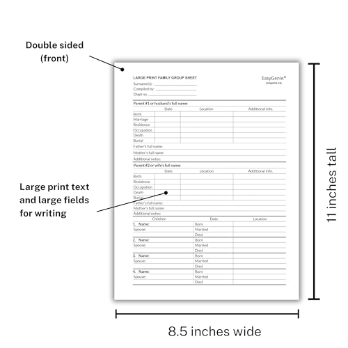 LARGE PRINT Two-Sided Family Group Sheets (30 Sheets) by EasyGenie | Archival-Quality Blank Genealogy Forms To Fill In - Thumbnail 2