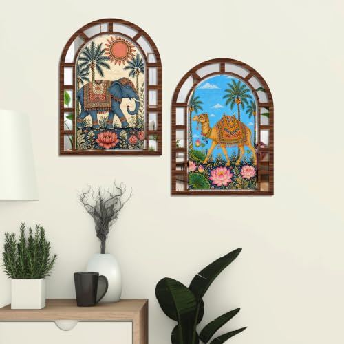 Image of Artvibes Elephant & Camel Home Wall Decor | Jharokha Mirror Wall Hanging for Living Room, Hall, Bedroom, Lobby, Dining Area & Entrance | Gift (WHJ 12054N), Set of 2