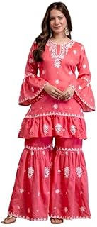 Women’s Pink Embroidered Kurta Sharara Set | Designer Flared Kurti with Bell Sleeves & Matching Sharara Pants | Festive, P... Price In India