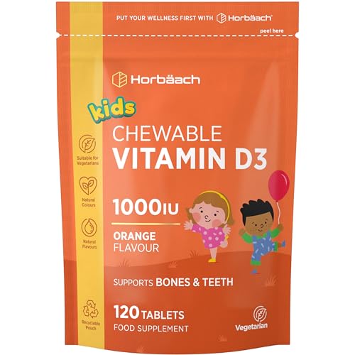 Kids Vitamin D3 1000iu | 120 Chewable Tablets (4 Months Supply) | Orange Flavoured Vitamin D Supplement for Children Aged 4+ | Suitable for Vegans | By Horbaach