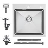KEOKBON Lavello da cucina 40 x 40 cm, in acciaio inox 304, piccolo lavello con 2 fori per rubinetto, kit completo di scarico con lavastoviglie e ingresso lavatrice, per cucina compatta, bar, roulotte