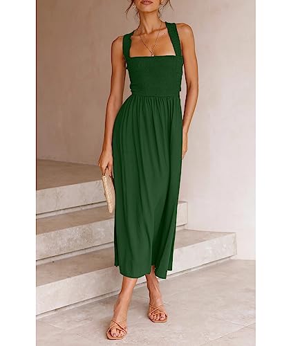 Image of Sexyshine Women's Square Neck Halter Lace Up Criss Cross Maxi Dress Tie Back Sleeveless Smocked Ruched A Line Dress