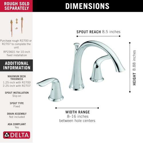 Delta Faucet Lahara 2-Handle Widespread Roman Tub Faucet, Chrome Tub Faucet, Roman Bathtub Faucet, Delta Roman Tub Faucet, Tub Filler, Chrome T2738 - image 4