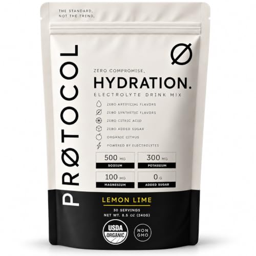 Protocol USDA Organic Electrolyte Powder, Sugar Free, Without Stevia, Natural Flavors or Citric Acid, Lemon Lime Hydration Drink Mix, 30 Servings