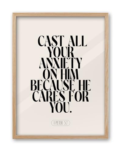 iHery Natural OAK Wood Jesus Framed Wall Art, Large 16x20 in Peter 5 7 Christian Modern Bible Verses Canvas Art, Cast All Your Anxiety, Beige Boho Scripture Bedroom Decor Living Room Set of 1