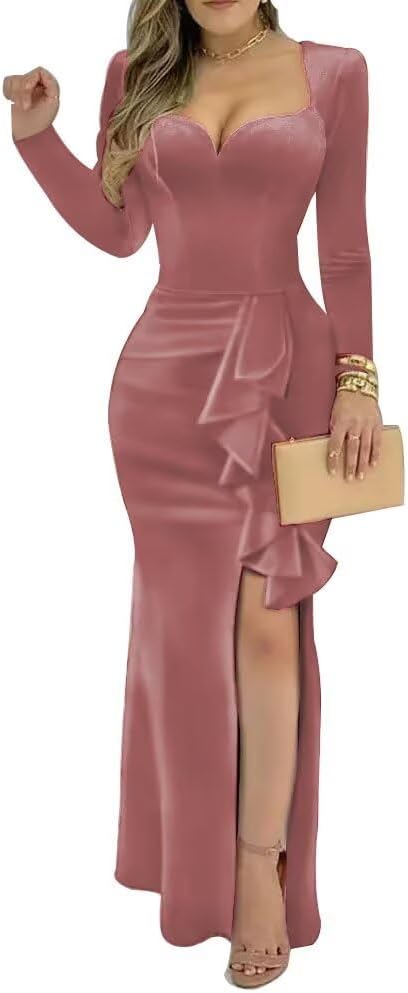 YUAOHUANG Velvet Formal Dress 2025 Long Sleeve Mermaid Formal Gown with Ruffle Hem High-Slit Bodycon for Cocktail Party