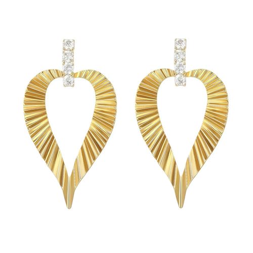 Geometric Heart Dangle Earrings, Gold-Tone with Crystal Accents, Textured Ribbed Design, Fashion Statement Jewelry