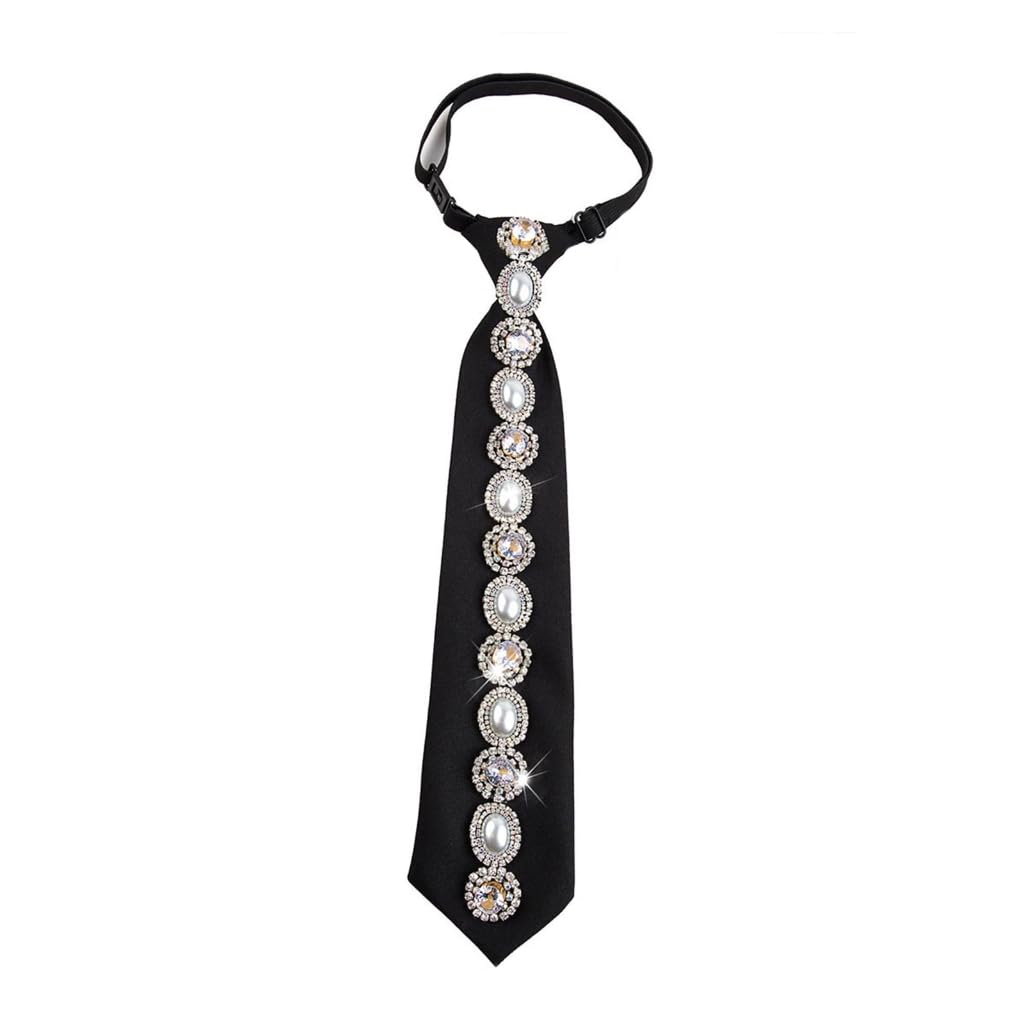 GMBYLBY Rhinestones Pearls Embellished Black Necktie For Women Student Elegant Pre Tied Adjustable Tie Uniform