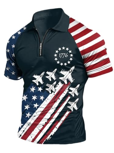 Men's 1776 Independence Day American Flag Print Zip-Up Raglan Sleeve Polo Shirt