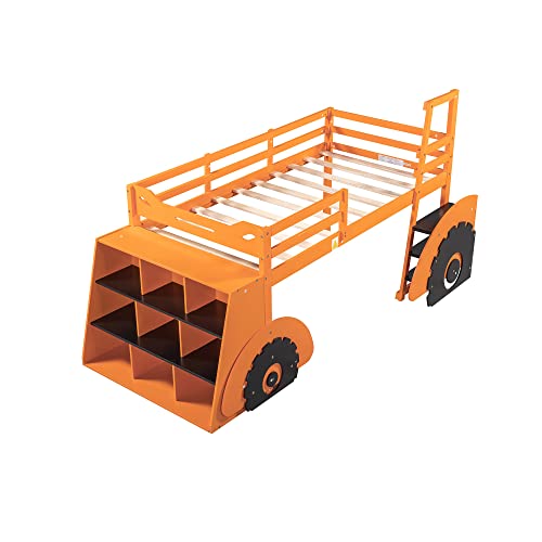 Loft Bed Forklift Car-Shaped With Storage Shelves Low Twin Loft Beds Wood Theme-Based Bed Frame With Safety Rail For Kids Bedroom, Twin Size Junior Loft Bed For Boys Girls Teens, Orange #TOP4
