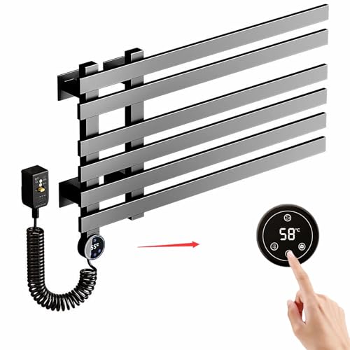 LANMOU Toallero Electrico Baño con Termostato, Calentador de Toallas Electrico, Sin Taladro, con Pantalla LED, Toalheiro Elétrico WC, 140W Warm Towel, Temporizador, 60 x 39 cm, Negro