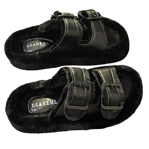 Harssidanzar Fuzzy Slides For Women Fluff Faux Fur Cross Slippers Open Toe Double buckle adjustable House Slipper Sandals KL512US4