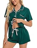 SWOMOG Womens Button Down Pajamas Set Short Sleeve Sleepwear Bride Soft Pj Lounge Sets XS-3XL Green Medium