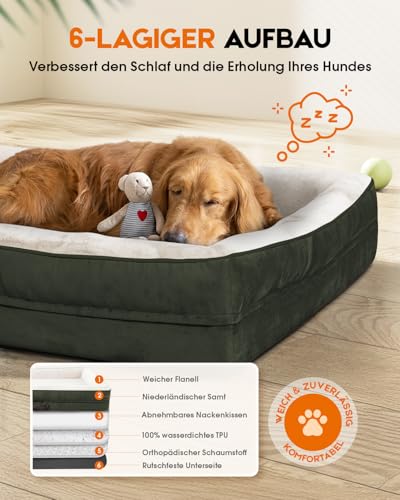Upvilla Orthopädisches Hundebett XL, Hundekorb Waschbar mit Eierförmiger Kistenschaum,Wasserdicht Hundesofa mit rutschfeste Unterseite und Vierseitiges Kissen (Oliv, 117x76x19cm)