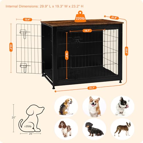 DWANTON Dog Crate Furniture with Cushion, Wooden Kennel Table with Double Doors, Indoor Dog House, Medium Size, 32.5" L, Black+Rustic Brown - Image 4