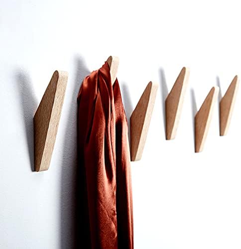  Coat Hooks Oak Wood Wall Hooks, 6 Pack Minimalist Design Heavy Duty Robe Hook Wall Mounted Rustic Wooden Hooks Clothes Hanger Hat Rack Hooks for Hanging Bathroom Towels. (Oak 6HOOK)