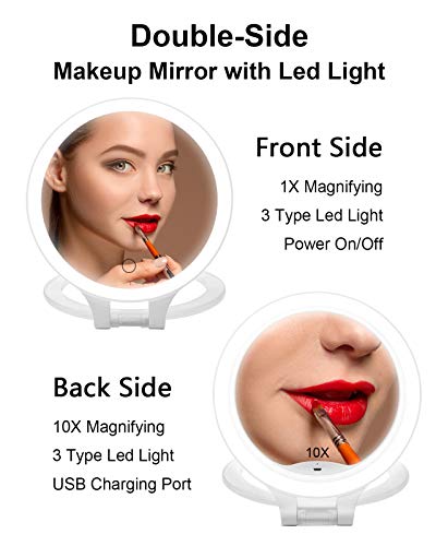 THREE SHEEP Magnifying Mirror 10X/1X,Double Sided Tabletop Mirror,Cosmetic Mirror with Adjustable Folding Handle,Makeup Mirror for Travel,Tweezing, Blackhead and Comedone Removal-3 Colors Light
