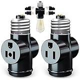 2 Pack, Light Socket to Plug Adapter, Convert E26 Light Socket to 3-Prong Outlet Adapter and Light Bulb Socket...