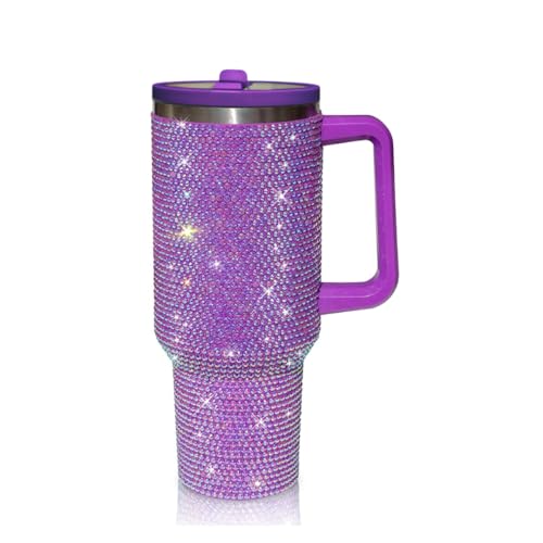 Image of 40 Oz Rhinestone Tumbler with Handle and Flip Straw | Insulated Stainless Steel Double Layer Bling Tumbler | Leak Proof Glitter Tumbler for Women | Reusable 1200ml Travel Bling Cups Lilac