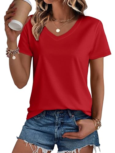SMENG Cotton Shirts for Women Classic-Fit Casual Tops Short Sleeve Summer Shirt Breathable V Neck Shirt Tomato Red S