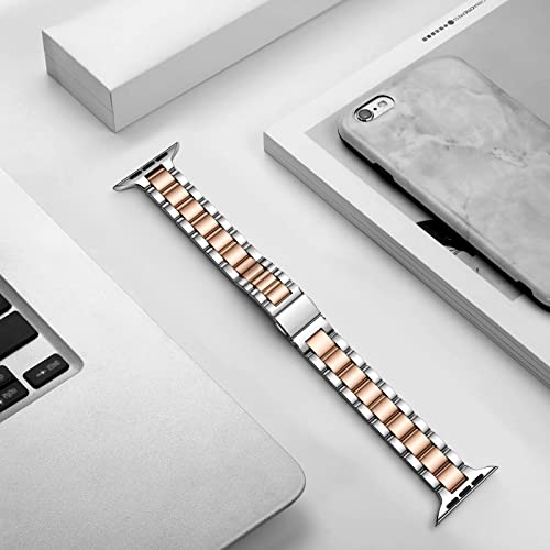 Wepro Straps Compatible with Apple Watch Strap 40mm 38mm 41mm 42mm for Women/Men, Stainless Steel Slim Replacement Metal Apple Watch Series 11 10 9 8 7 6 5 4/SE 3 Strap/SE2/SE/Ultra, Silver/Rosegold - Image 5
