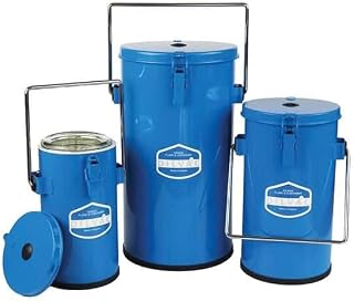 Blue Enameled Steel and Glass Dewar Flask with Handle, Lid, and Lid Clamps, 4.5 L
