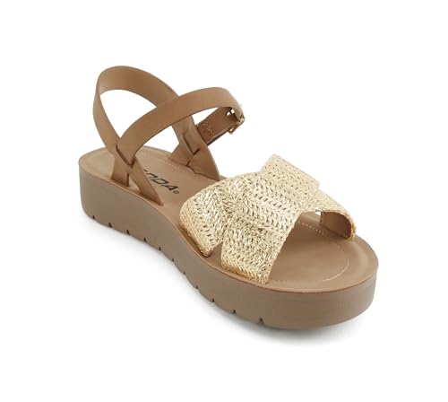 Image of Soda CHESTER ~ Women Flat Sandals Flatform Ankle Buckle Criss Cross Band Straps Sandals Shoes (Gold Raffia, 5.5)
