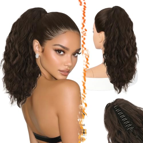 BARSDAR Claw Clip Brown Curly Wavy Ponytail Extension 18Inch Soft Synthetic