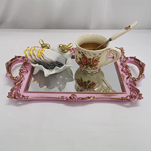 Yamfurga Small Rectangle Decorative Mirror Tray, French Style, Makeup Organizer, Jewelry Organizer, Serving Tray, 13"X 7.8", Golden Pink #TOP3