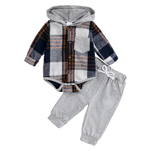 LUVCES Ensemble Vêtements pour Bébé Garçon Flanelle à Carreaux Barboteuse à Manches Longues Sweat à Capuche Color Block Tenues d'Automne Printemps Gris à carreaux 3-6 Mois