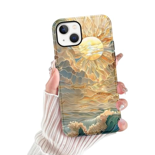 lioscre for iPhone 13 Mini Stained Glass Phone Case 5.4", Aesthetic Ocean Waves Sun Rays Case Cute Pattern Print Design Cover Anti-Scratch Glossy 2-Layer Hard Prevention Funda for Woman Girls Men