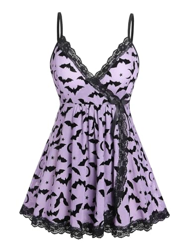 ROSE GAL Womens Plus Size Lingerie Chemise Sleepwear Halloween Bat Print Lace Trim Mesh Babydoll with Thong Panty(Purple/M)