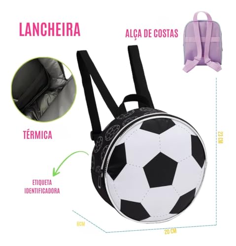 Kit Escolar Masculino, Mochila com Rodinhas, Lancheira e Estojo com Estampa de Futebol, 12 Lápis de