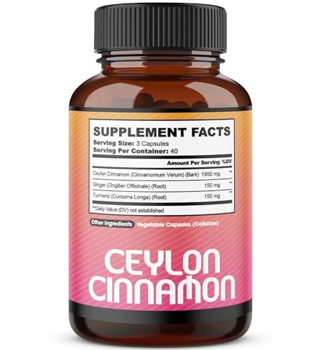 Ceylon Cinnamon Capsules - Combined with Ginger Root and Turmeric Curcumin Supplement - 120 Vegan Capsules