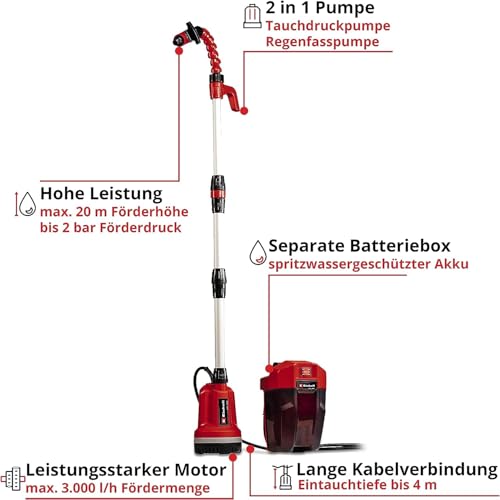 Einhell Akku-Tauchdruck/Regenfasspumpe GE-PP 18 RB Li-Solo Power X-Change (18 V, Förderdruck max. 2 bar, max. 3.000 L/h, flexible Batteriebox, ohne Akku)