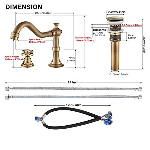 Votamuta Bathroom Sink Faucet Antique Brass Bathroom Faucets For Sink 3 Hole 8 Inch Widespread Bathroom Faucet 2 Handles Faucet For Bathroom Sink With Overflow Pop Up Drain And Water Supply Lines #TOP4