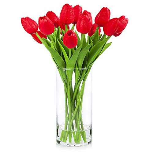 ENOVA HOME Artificial Real Touch Tulips Flower Arrangement in Clear Glass Vase with Faux Water for Home Wedding Decoration (Red)
