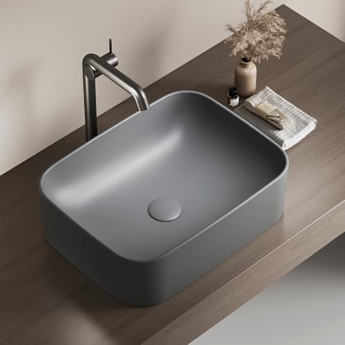 EMKE Lavabo de Cerámica, Rectangular 61 × 38 × 15 cm, Lavamanos para Aseos, Lavabo Cerámico para Cuartos de Baño,Gris Mate