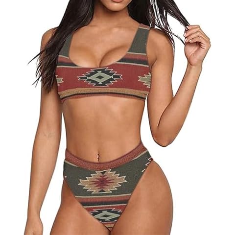 ELEQIN Aztec Tribal Women's Bikini Sets Two Piece Swimsuit High Waisted Tank Top Bathing Suit Comfortable Swinwear Tummy Control Beachwear Cover
