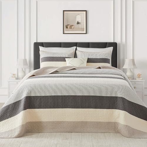FineStichery Oversized King Quilt Bedspread Coverlet 128x120, 100% Cotton California King Quilt with Pillow Shams, Soft Yarn Dyed Striped Bedding Set, Gray/Khaki/Beige/Charcoal