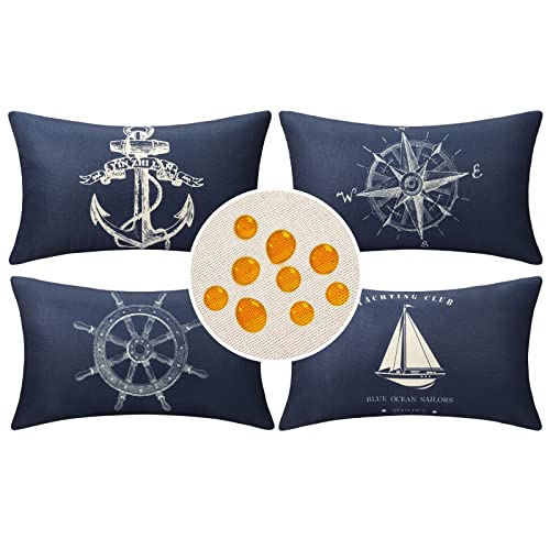 Federe Cuscini 30x50cm Decorativi per Divano Esterno Fodera per Cuscino in Lino Impermeabili Nautico Ancora Timone Bussola Barca a Vela Copricuscini per Divani Casa Camera da Letto Decorazione 4 Pack